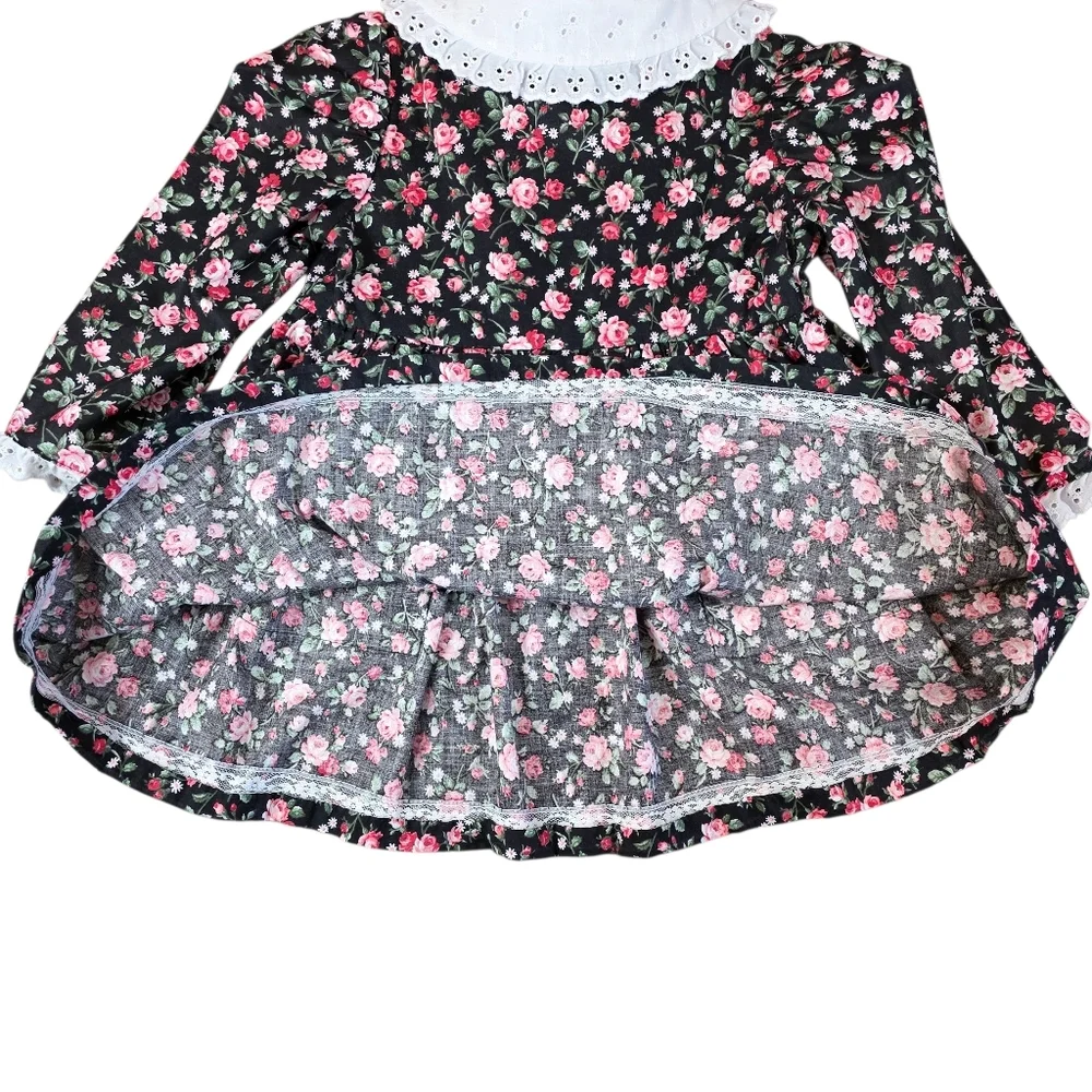 Black Rose Floral Cottagecore Handmade Dress Lace Collar Long Sleeve 2T